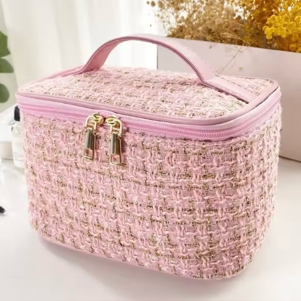 PINK & GOLD CLASSIC ROOMY COSMETIC MAKEUP BAG CASE WITH ZIP TOP- NEW
